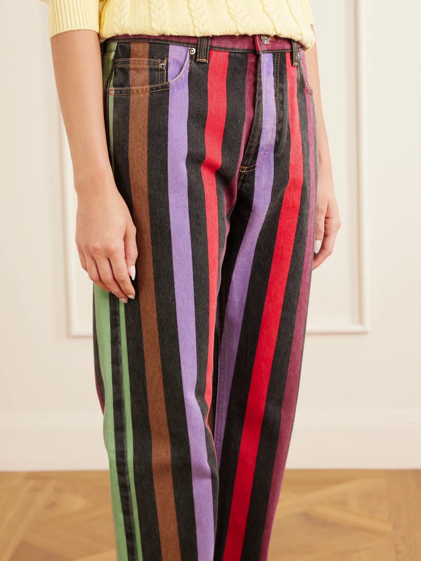 Striped Mid-rise Straight-leg Cotton Jeans