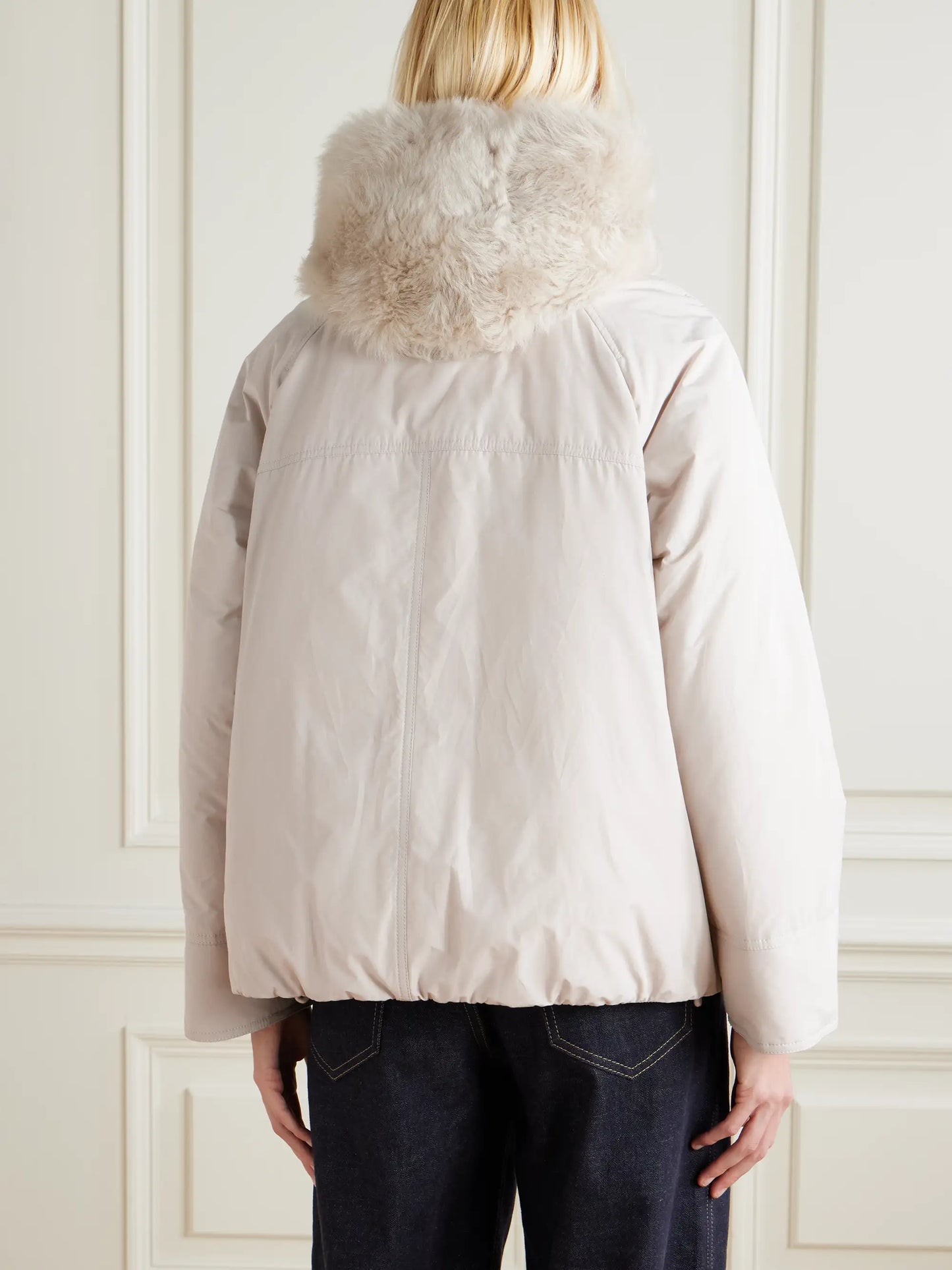 Hooded Ribbed-knit And Shearling-trimmed Bead-embellished Padded Shell Down Jacket