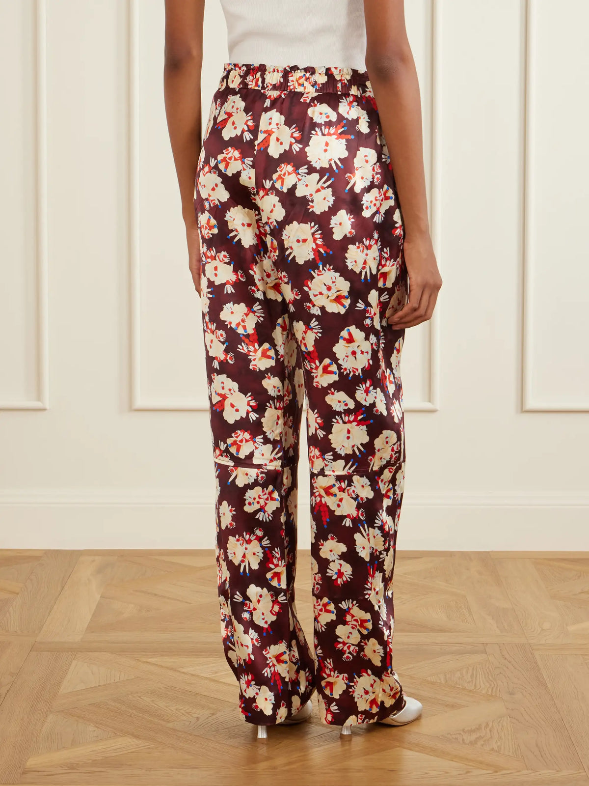 Floral-print Wide-leg Silk Pants
