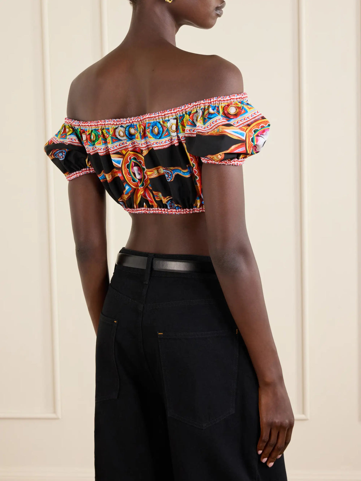 Dolce & Gabbana Carretto Off-the-shoulder Cropped Printed Cotton-poplin Top