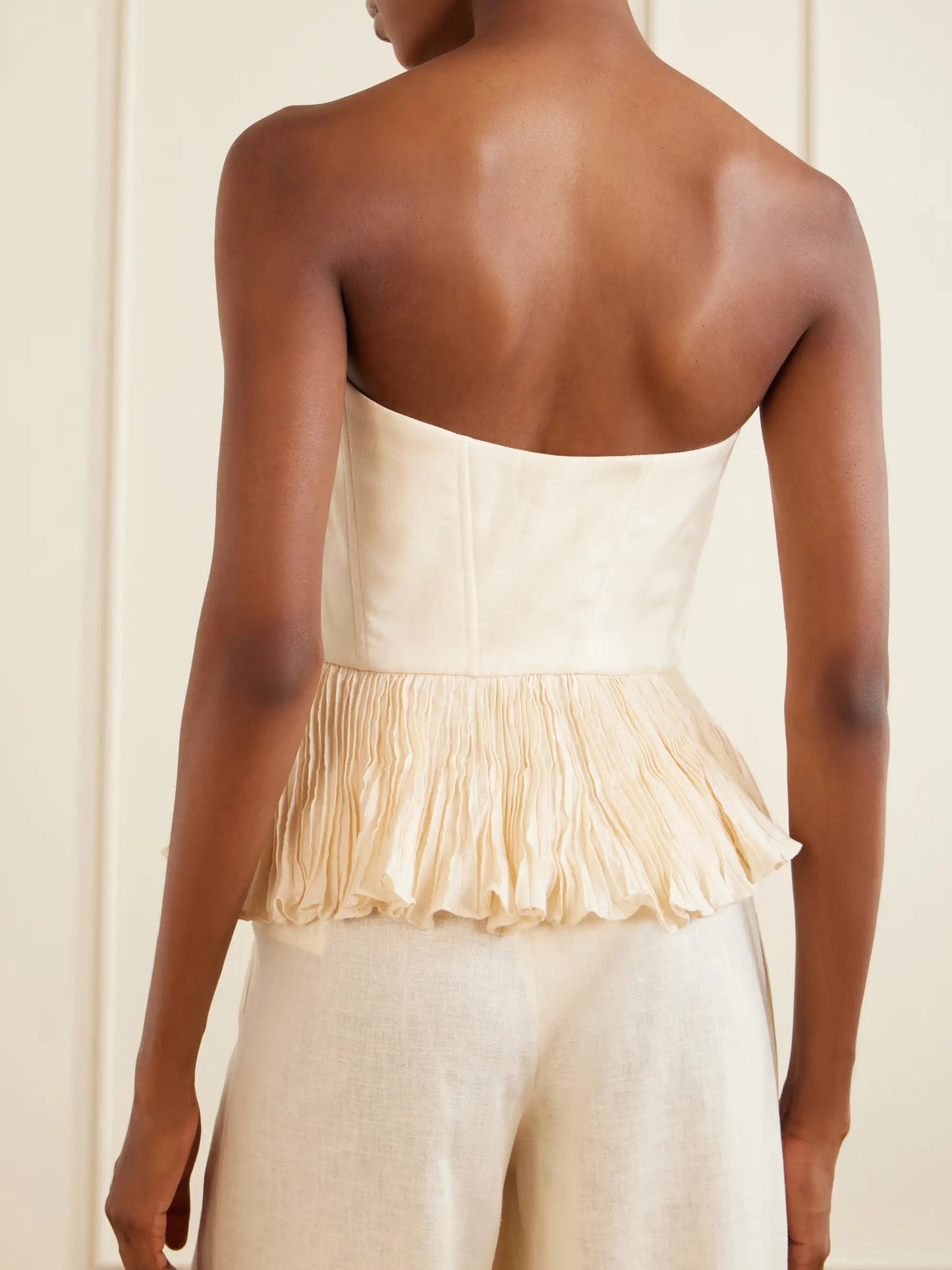 Imara Strapless Appliquéd Pleated Linen Top