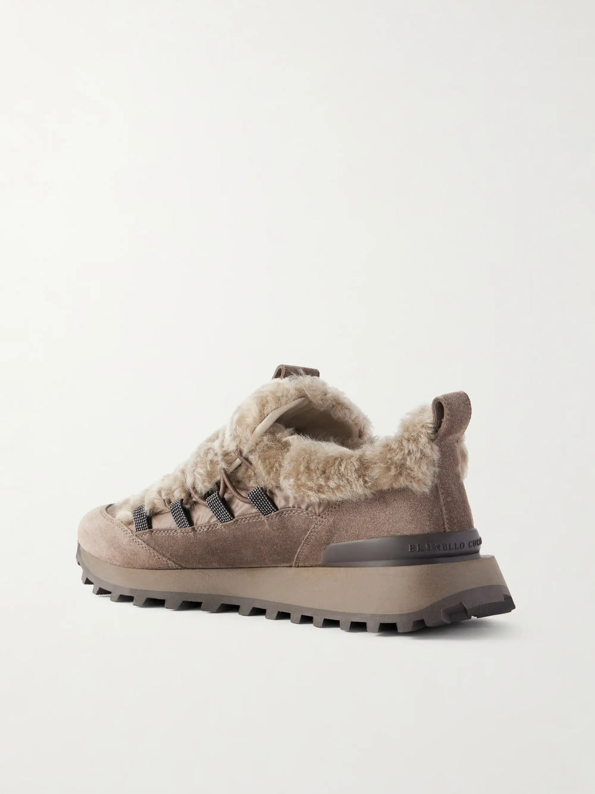Bead-embellished Shearling-trimmed Suede Sneakers
