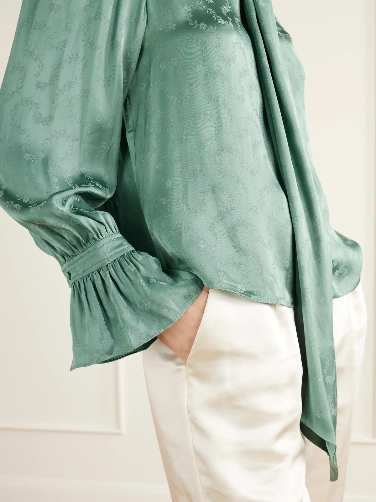 RIXO Evanora Pussy-bow Gathered Floral-jacquard Satin Blouse