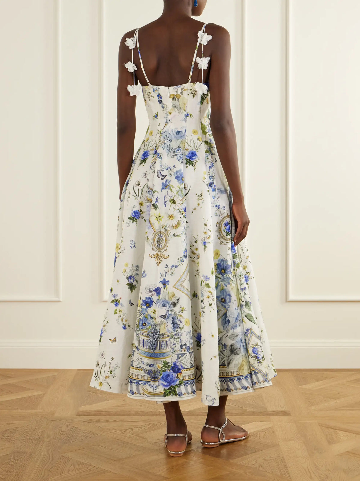 Camilla Embellished Floral-print Linen And Silk-blend Midi Dress
