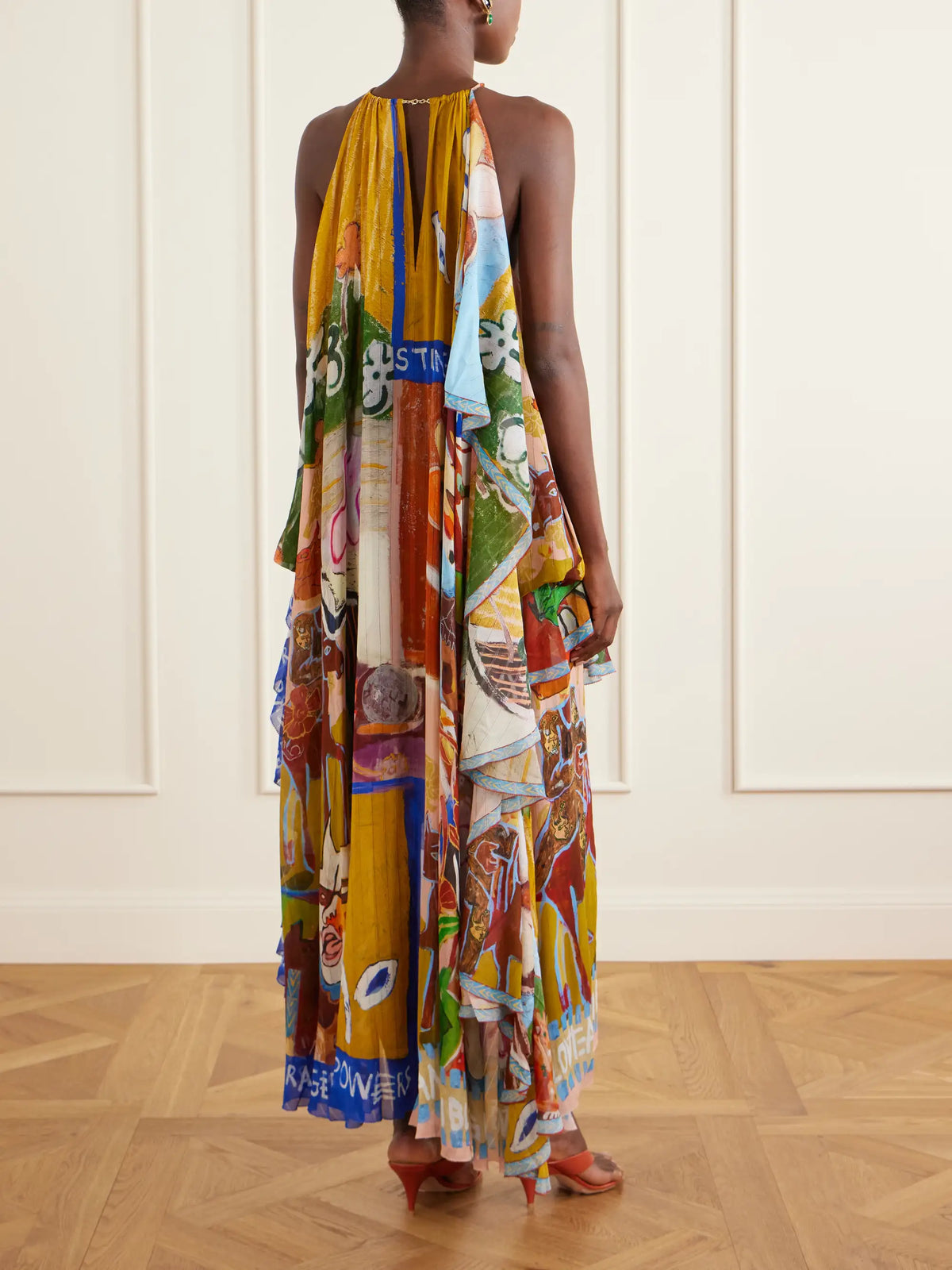 Mlak Draped Printed Organza Halterneck Midi Dress