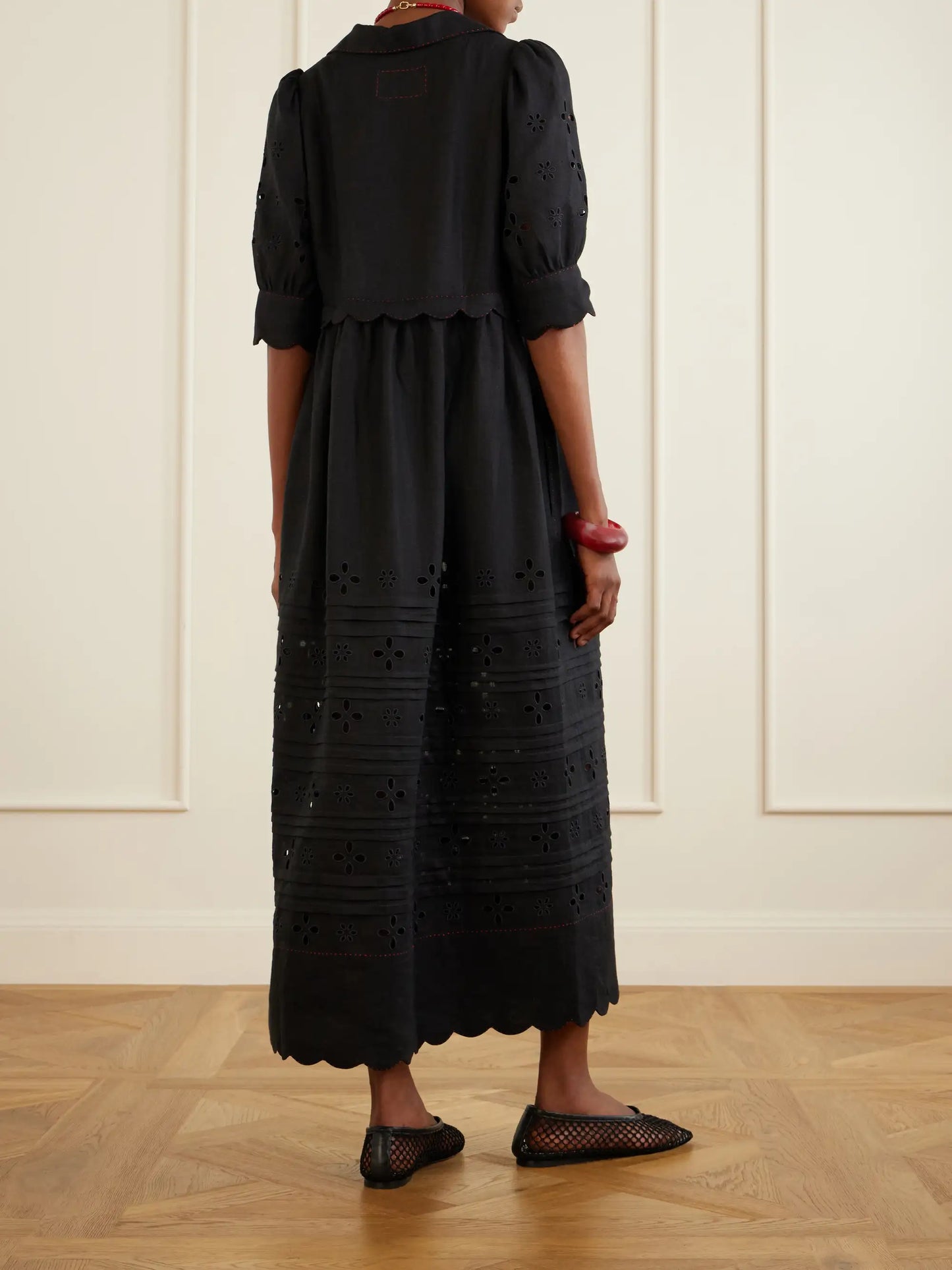 Bari Tie-detailed Broderie Anglaise-trimmed Linen Midi Dress