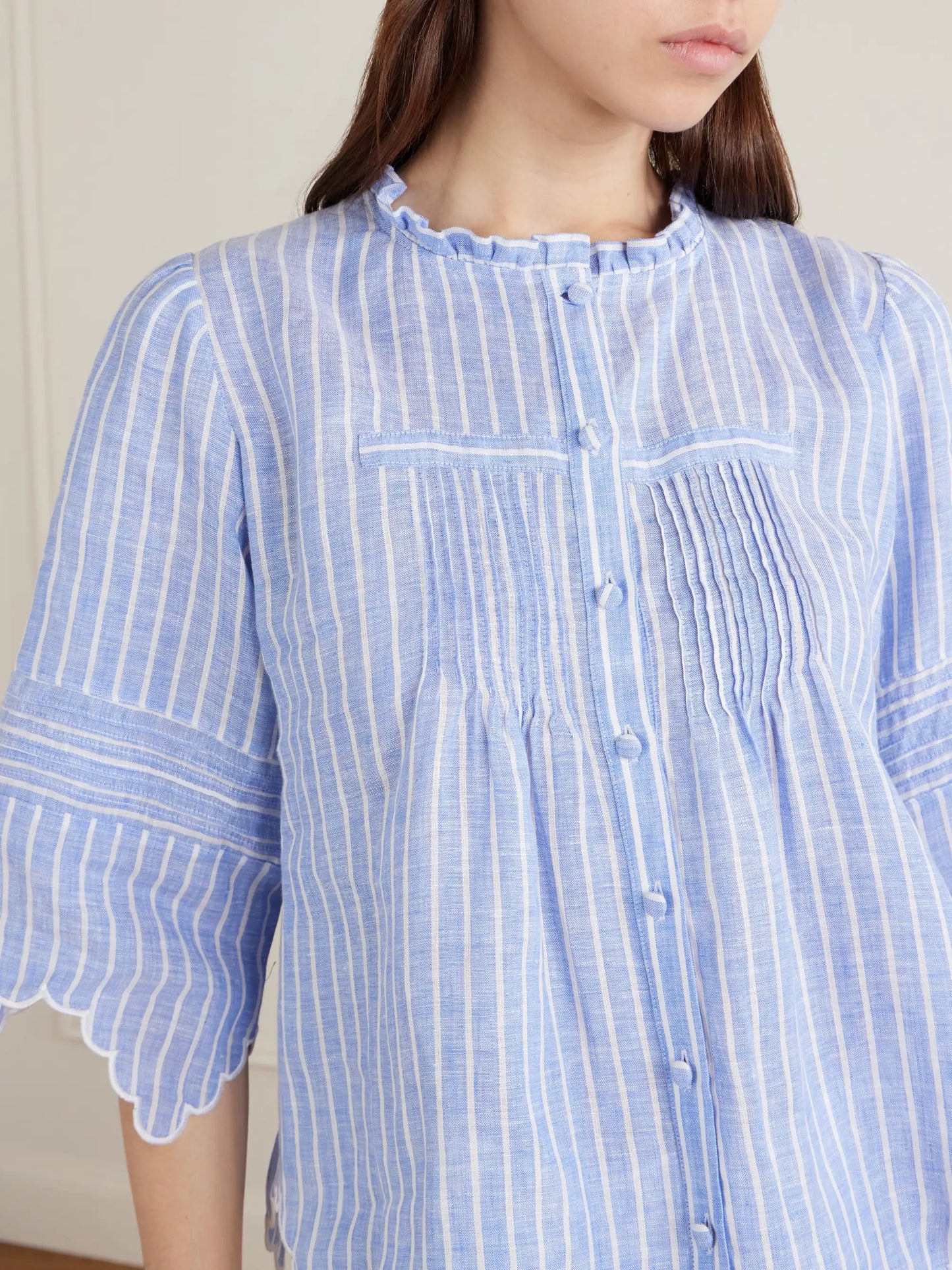Matilde Scalloped Shirred Striped Linen Shirt