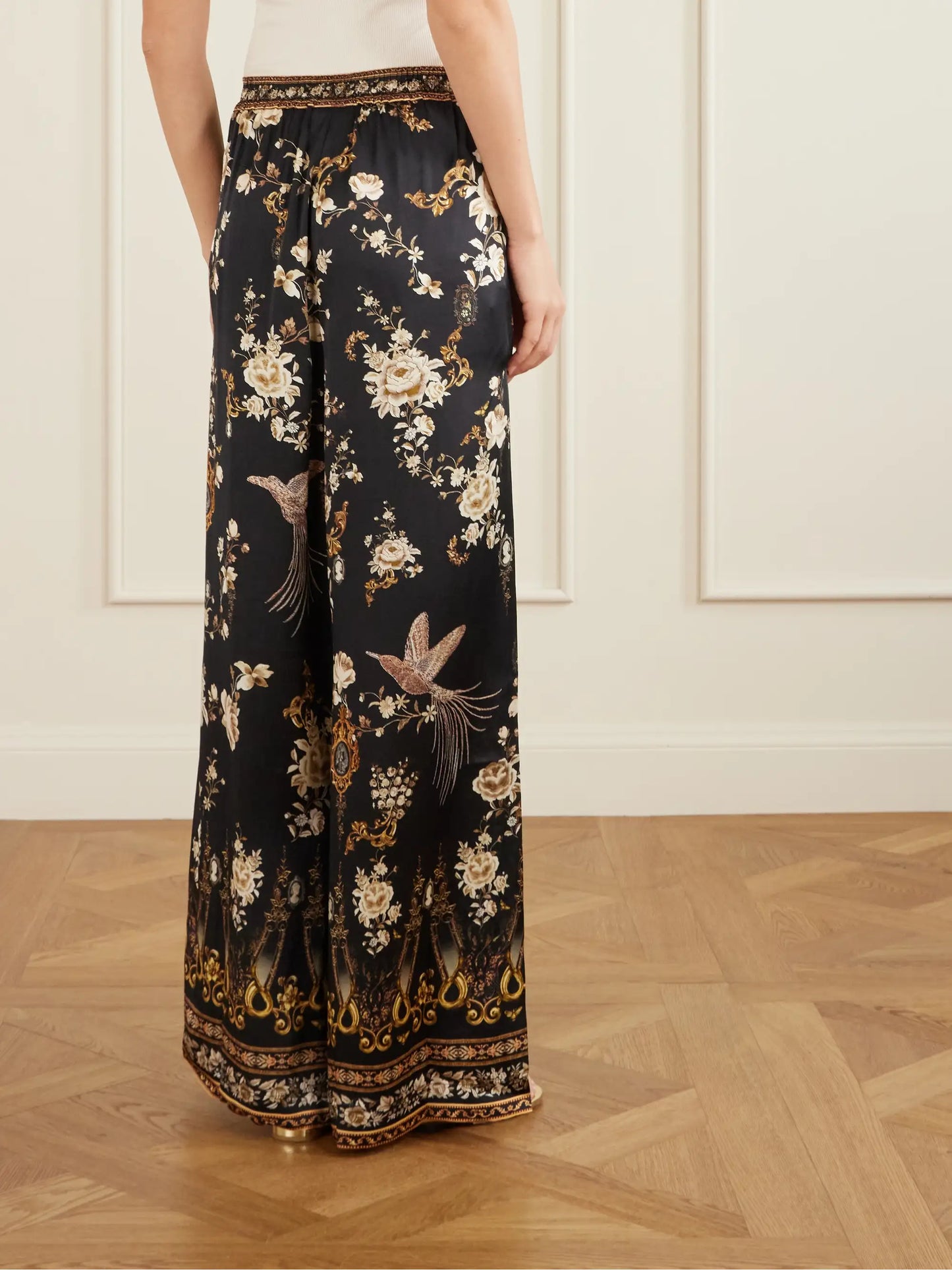 Embellished Embroidered Printed Silk-satin Pants
