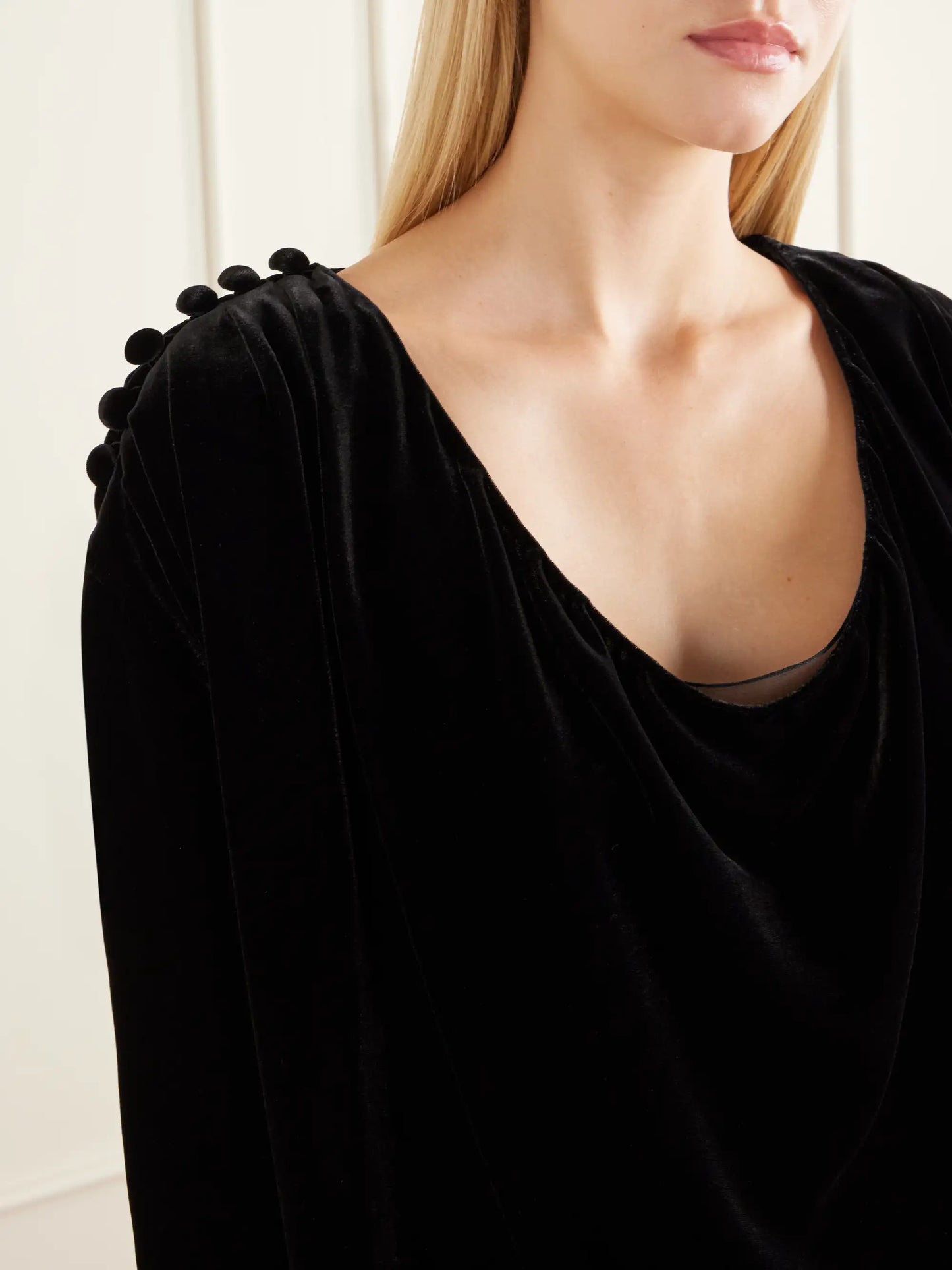 Ruched Button-embellished Velvet Blouse