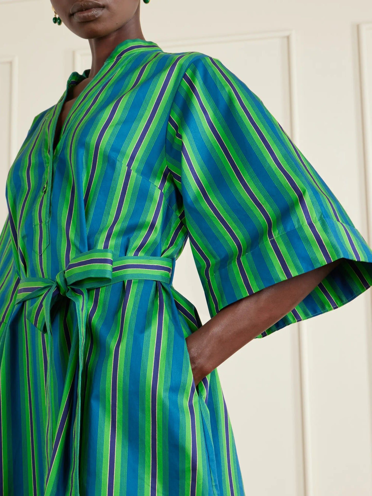 Margo Belted Striped Floral-print Organic Cotton-poplin Midi Dress