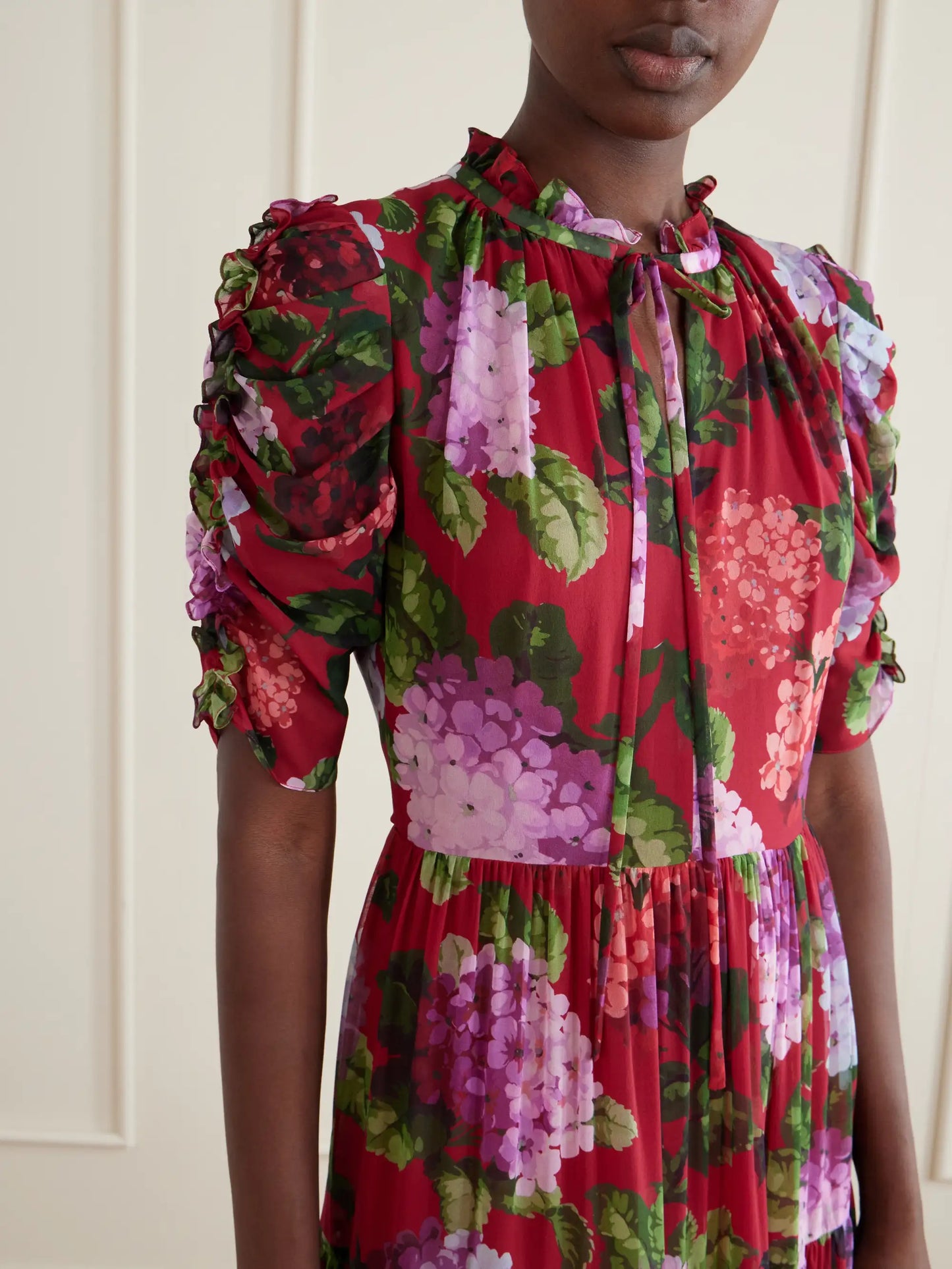 Tie-detailed Ruffled Tiered Floral-print Silk-chiffon Midi Dress