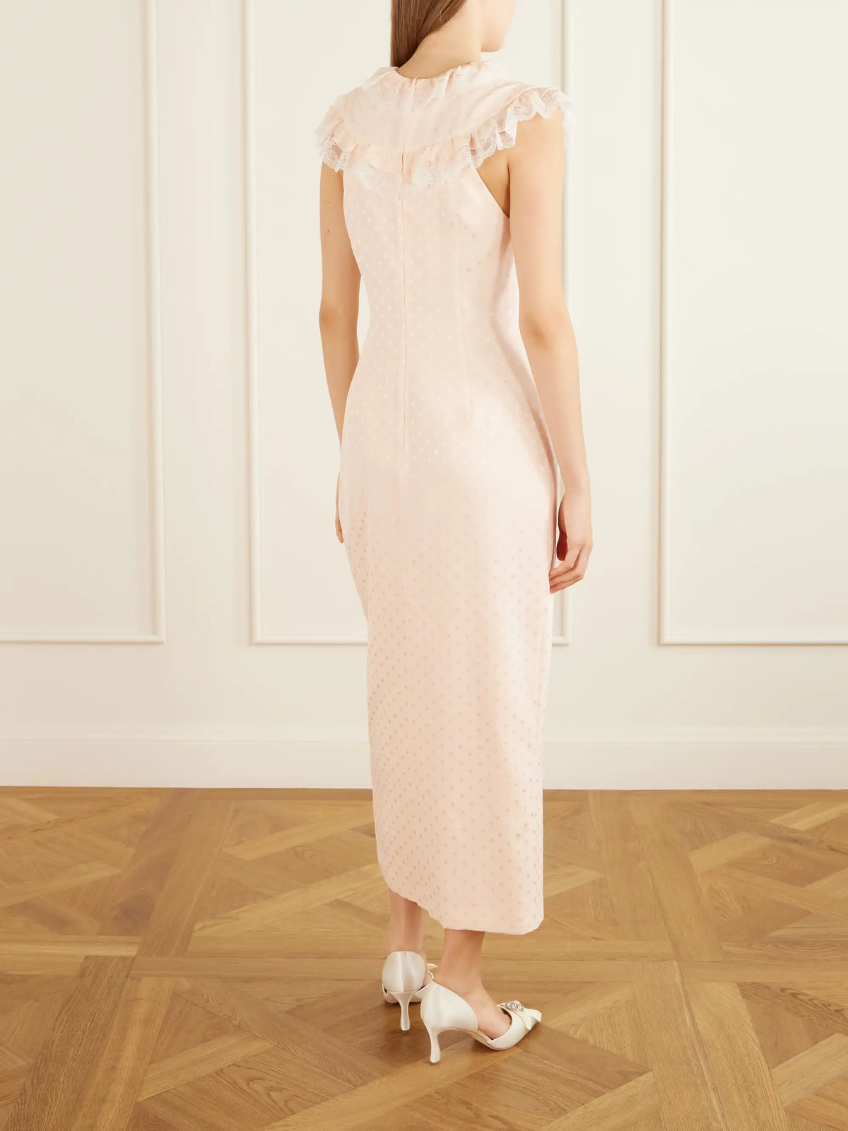 Lace-trimmed Bow-detail Printed Silk-jacquard Midi Dress