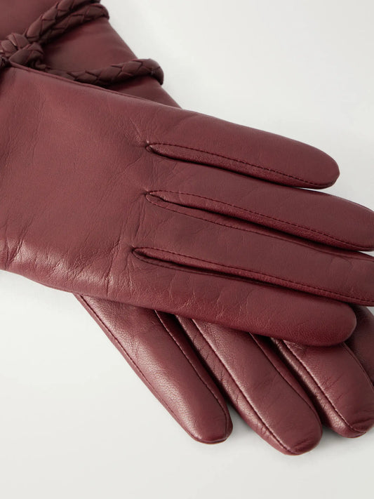 Agnelle Prune Braid-detailed Leather Gloves
