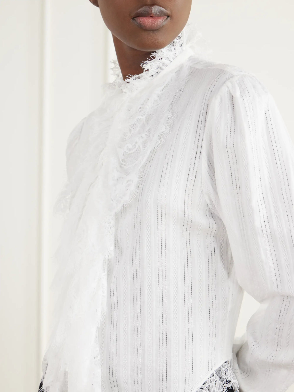Ann Demeulemeester Freda Cropped Ruffled Lace-trimmed Openwork Cotton-jacquard Blouse