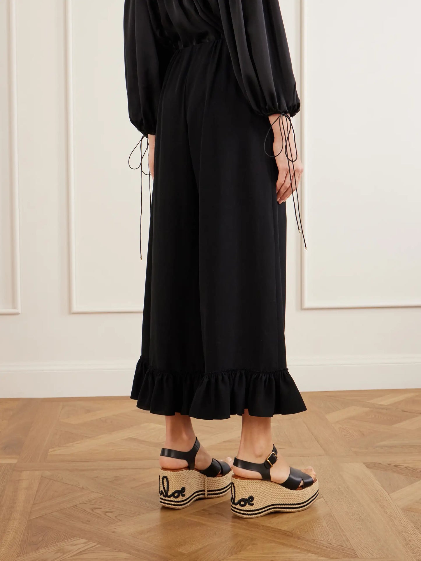 Ruffled Silk Crepe De Chine Wide-leg Pants
