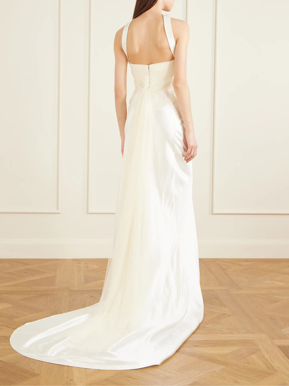 Danielle Frankel Viola Gathered Draped Tulle-trimmed Wool And Silk-blend Twill Top