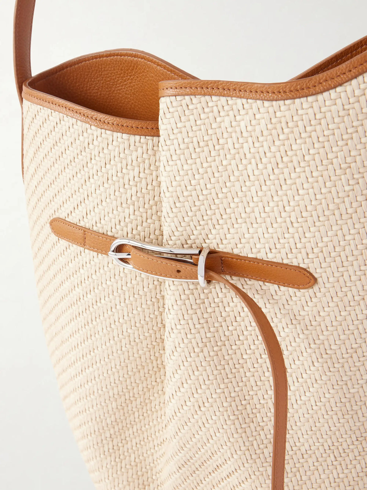 Buckled Leather-trimmed Woven Raffia Shoulder Bag