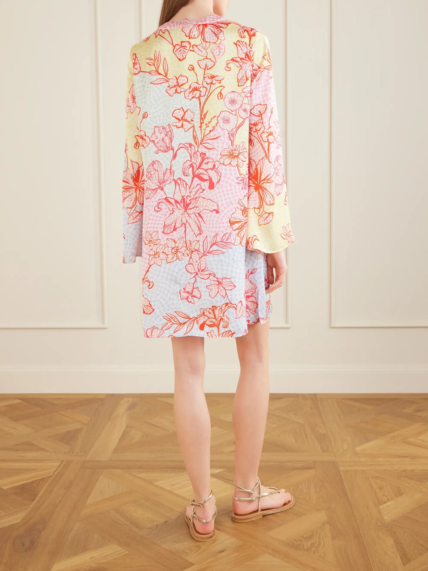 Elsa Checked Floral-print Satin Midi Dress
