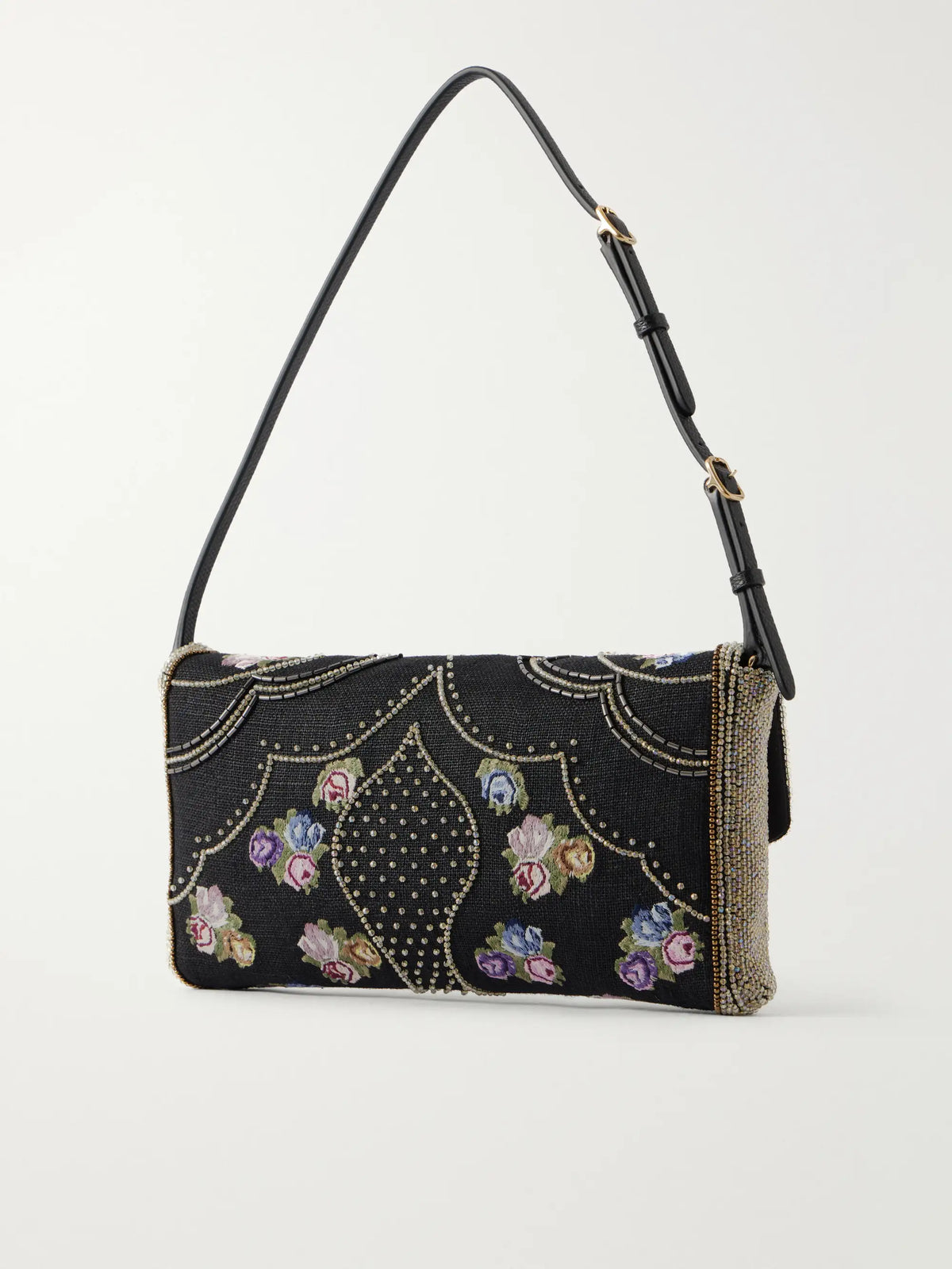 Valentino Garavani Devaine Embroidered Leather-trimmed Linen Shoulder Bag