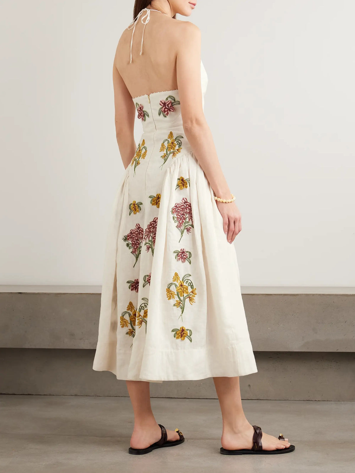 Agua by Agua Bendita Balsa Embellished Embroidered Linen Halterneck Midi Dress