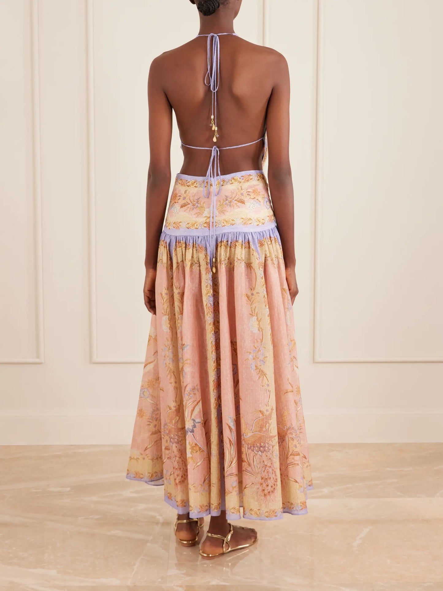 Indra Plunge Printed Metallic Cotton And Silk-blend Halterneck Maxi Dress