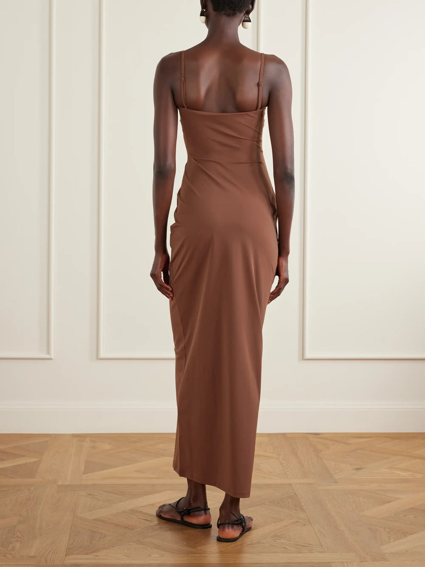 Arced Ruched Satin Maxi Dress