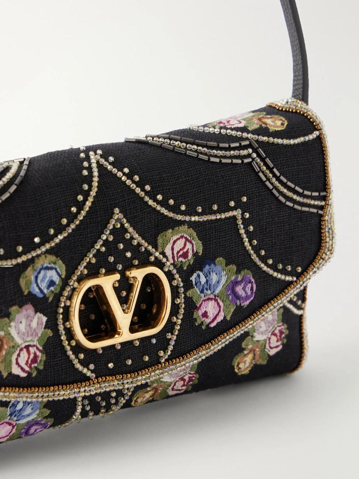 Valentino Garavani Devaine Embroidered Leather-trimmed Linen Shoulder Bag