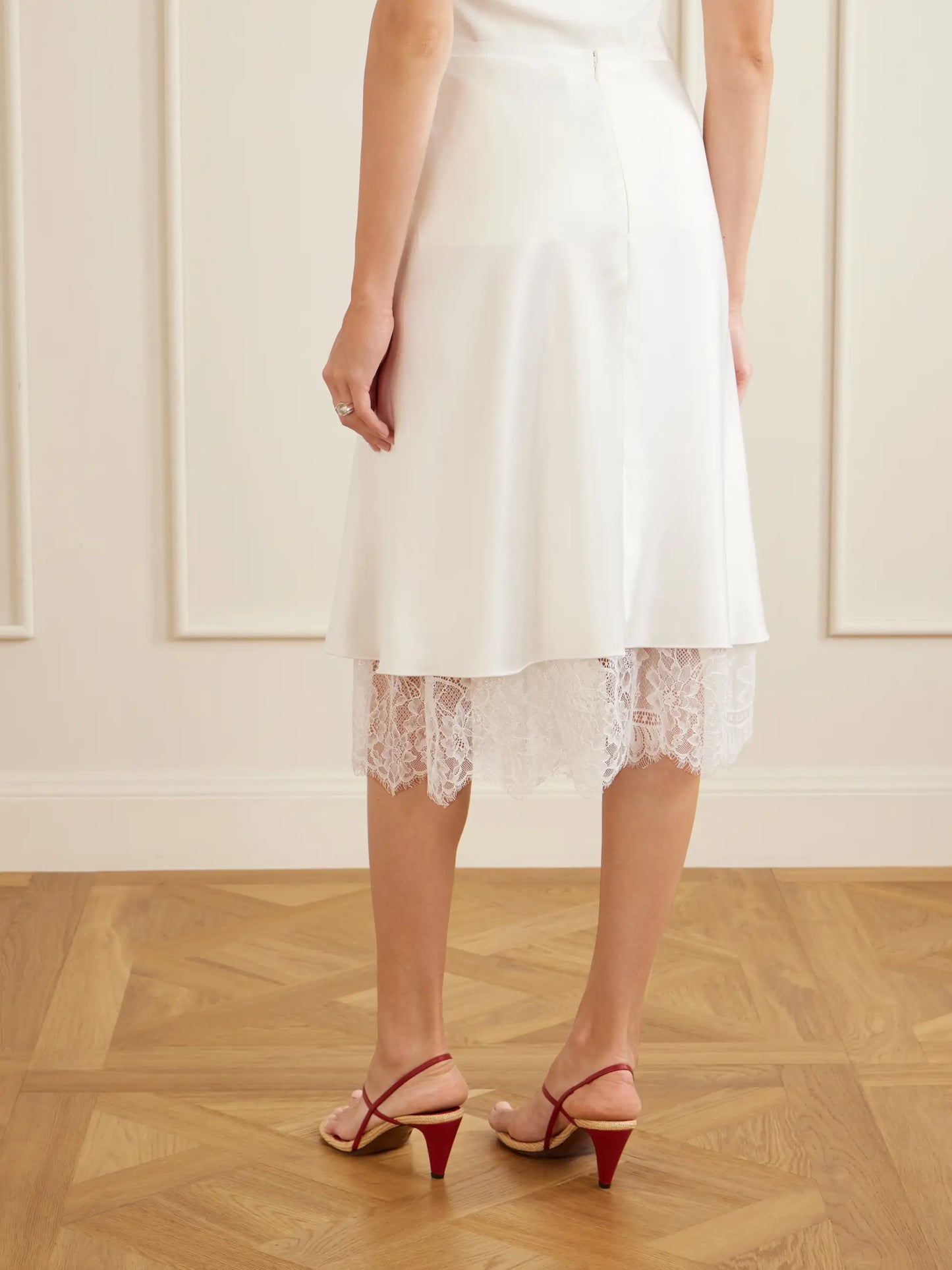 Ingrid Layered Gathered Lace-trimmed Satin Midi Skirt