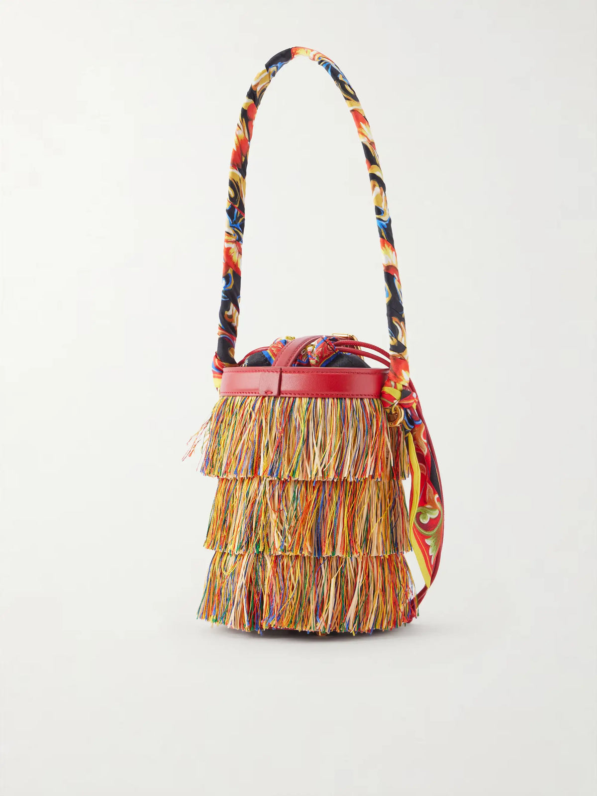 Capri Fringed Leather And Twill-trimmed Raffia Bucket Bag