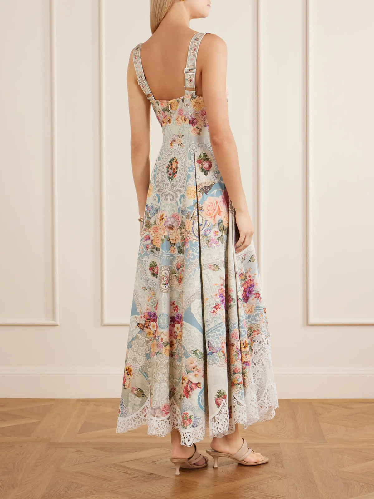Printed Lace-trimmed Cotton-blend Midi Dress