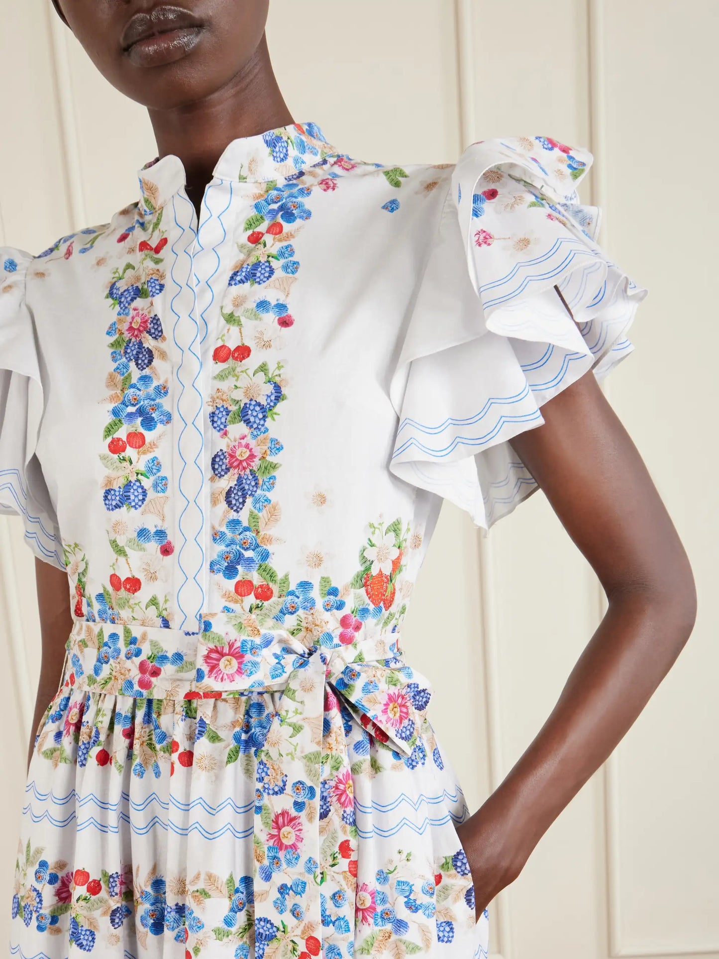 Belted Floral-print Cotton-blend Midi Dress