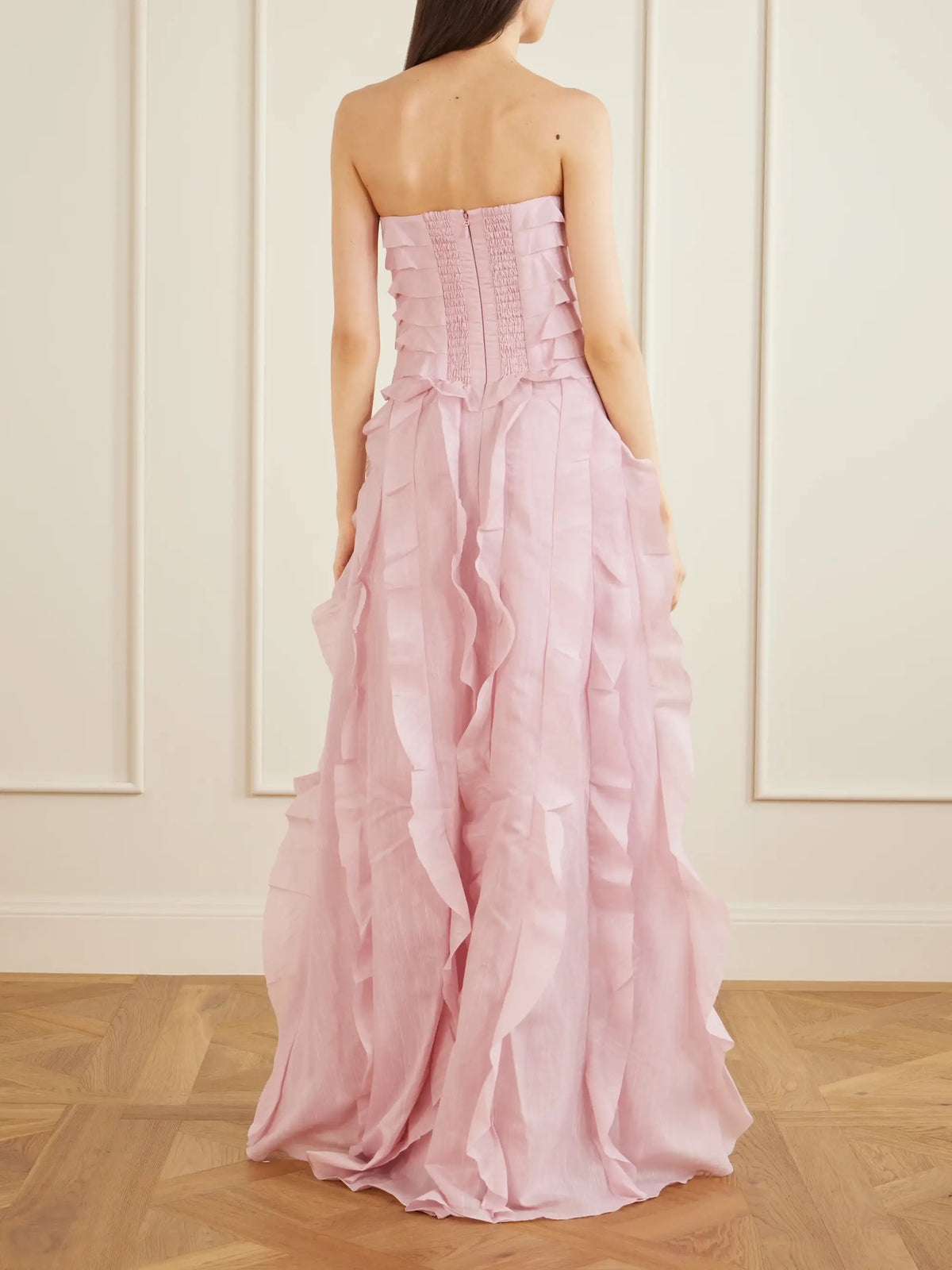 Aje Allairie Strapless Ruffled Shirred Faille Gown
