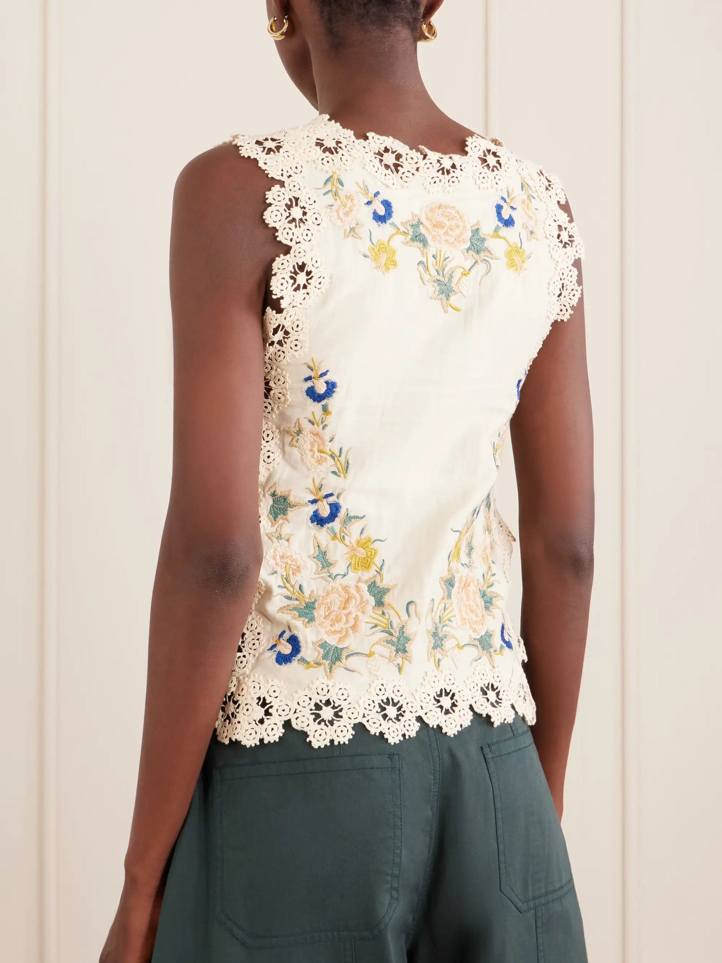 Adonna Floral-embroidered Crochet-trimmed Cotton Tank