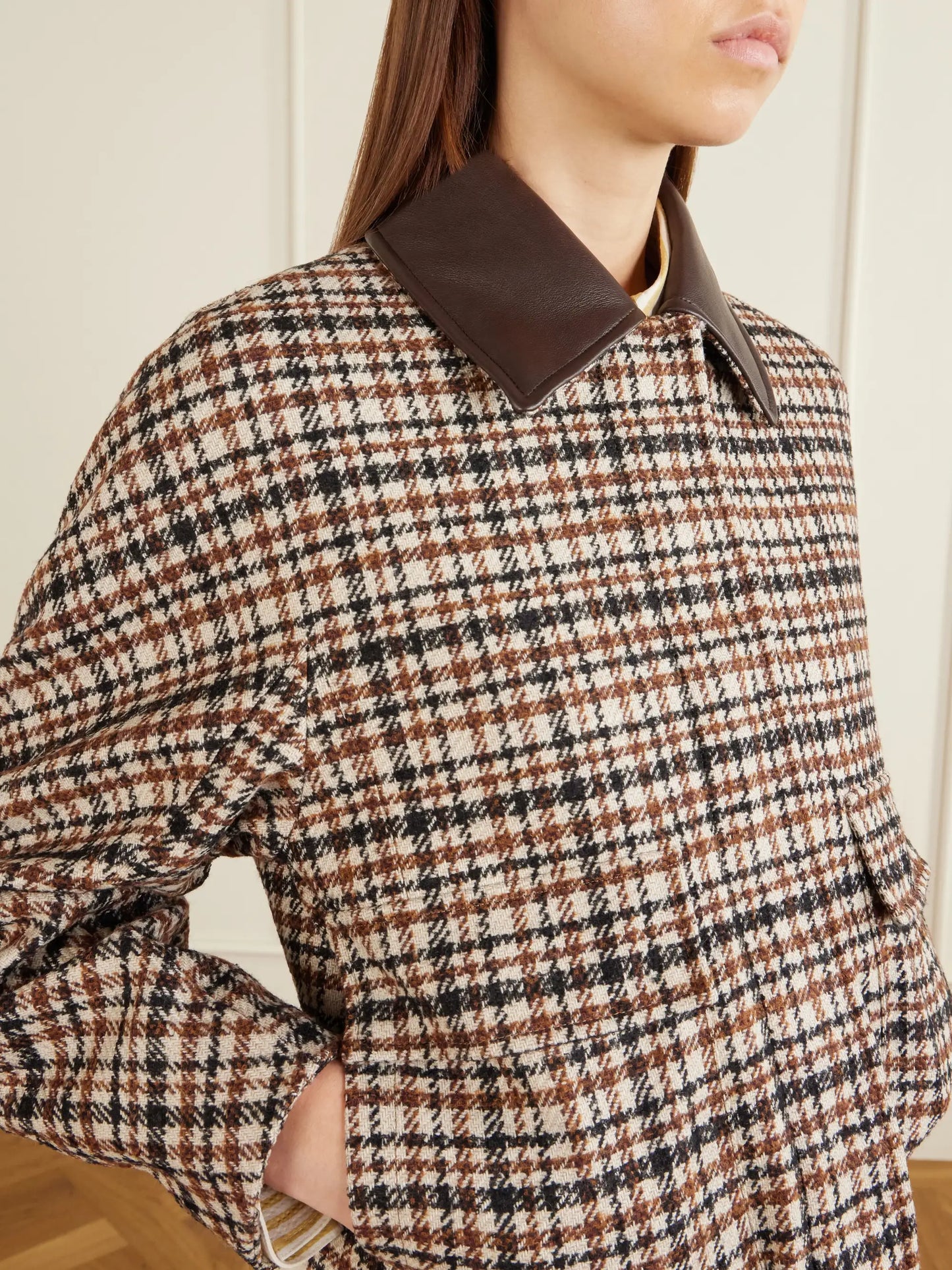 Checked Leather-trimmed Wool-blend Jacket