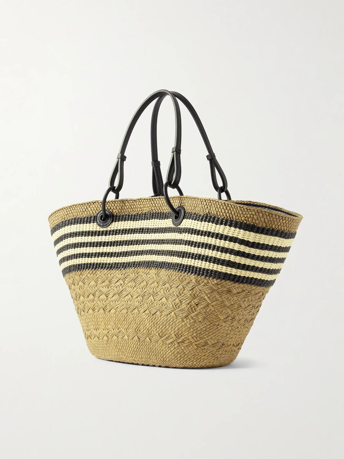 + Paula's Ibiza Anagram Basket Medium Leather-trimmed Striped Raffia Tote