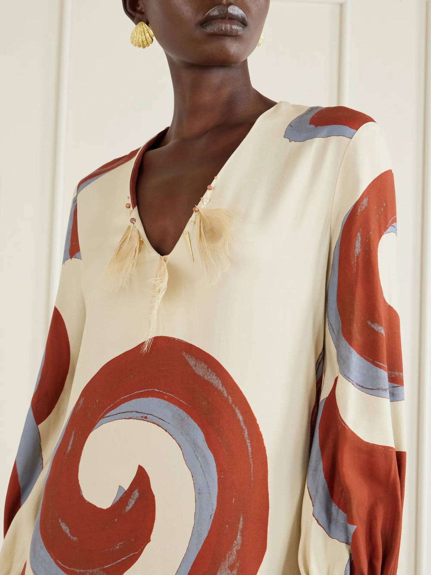 Kyra Feather-trimmed Printed Crepe Maxi Dress