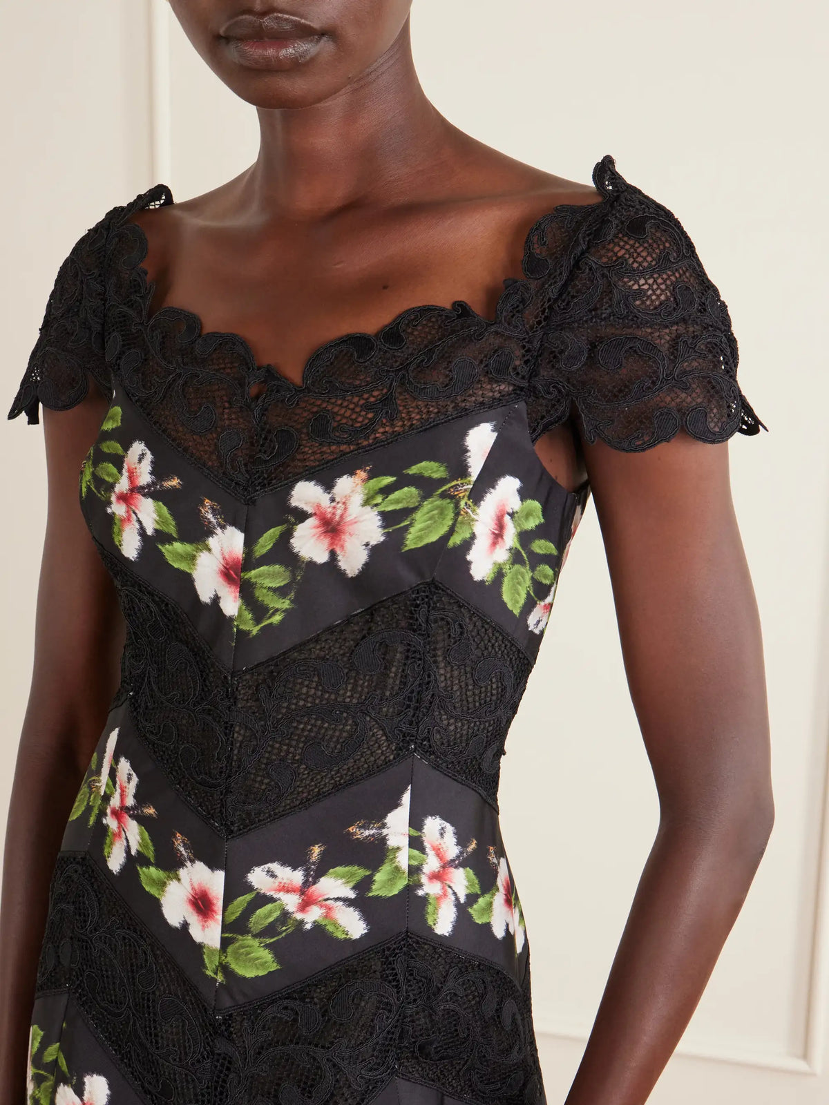 Floral-print Faille And Lace Midi Dress