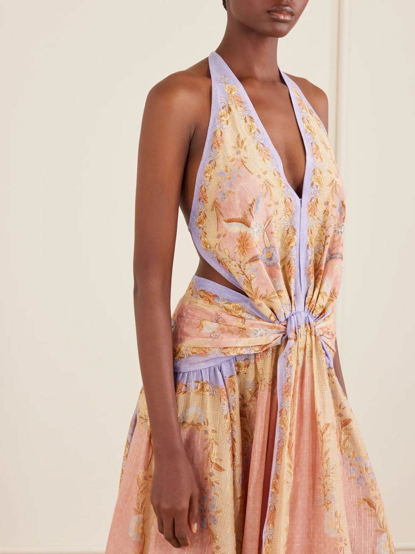 Indra Plunge Printed Metallic Cotton And Silk-blend Halterneck Maxi Dress