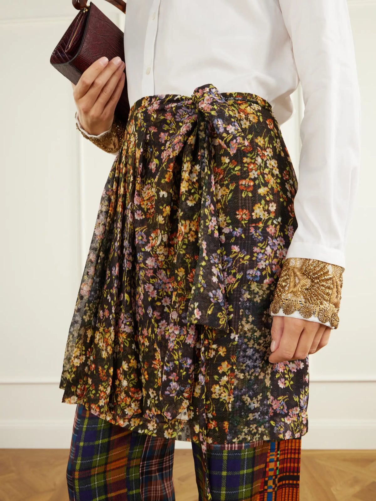 Dries Van Noten Skirt-detailed Printed Crepe And Satin Straight-leg Pants