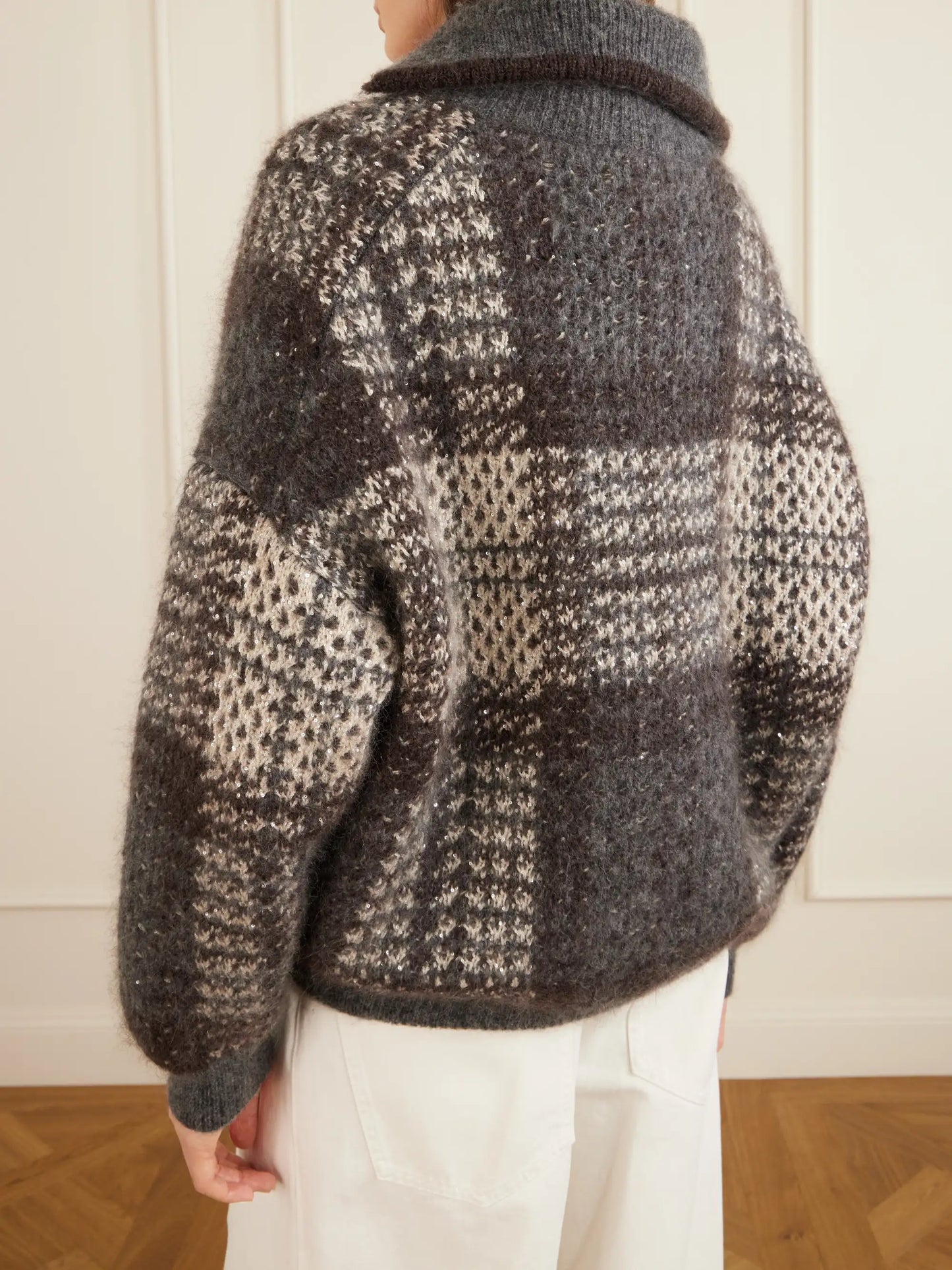Sequin-embellished Checked Woven Jacket