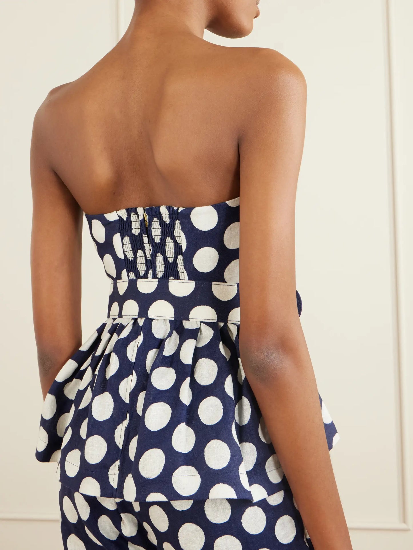 Tilda Strapless Belted Peplum Polka Dot Linen Top