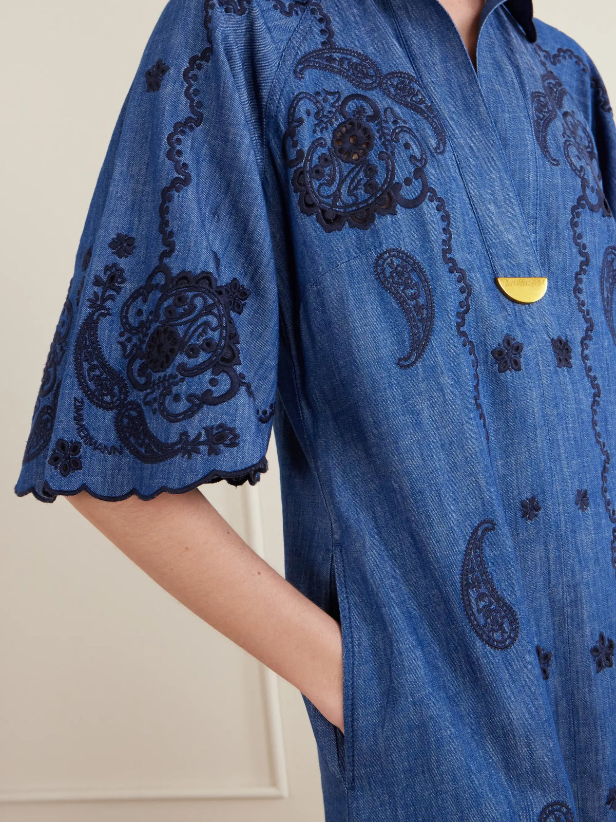 Aster Embroidered Denim Midi Dress