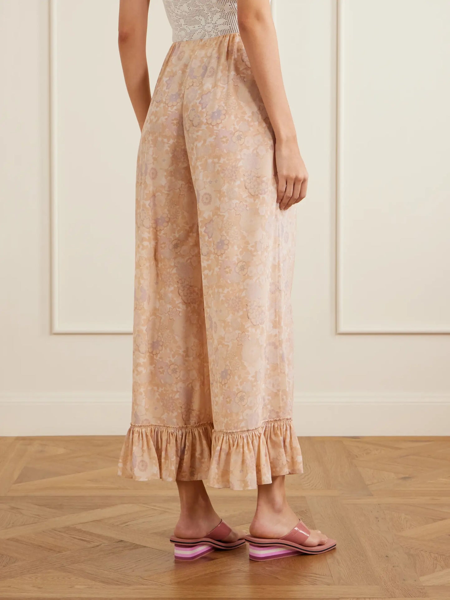Ruffled Floral-print Silk-charmeuse Wide-leg Pants