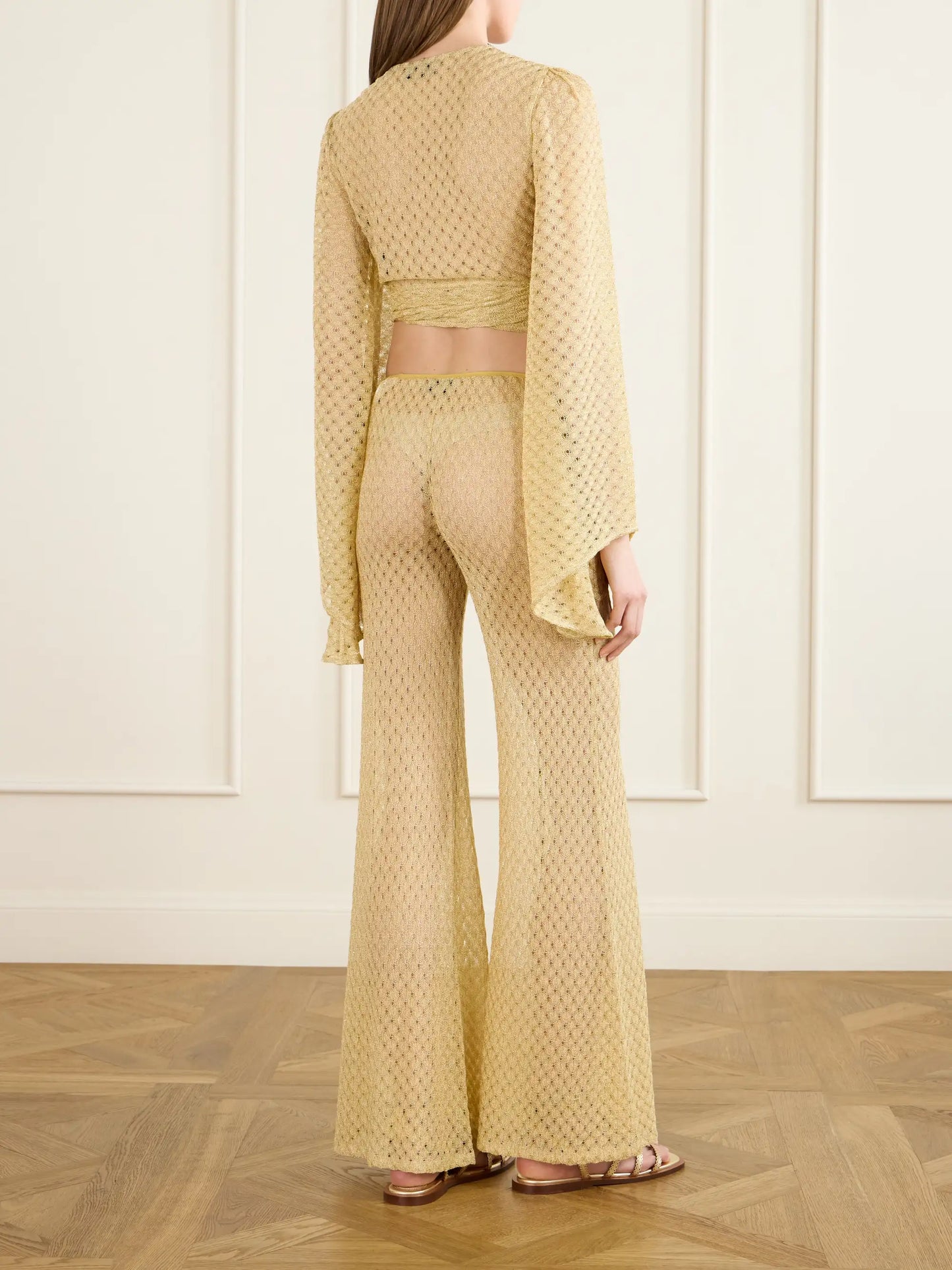 Metallic Crochet-knit Flared Pants