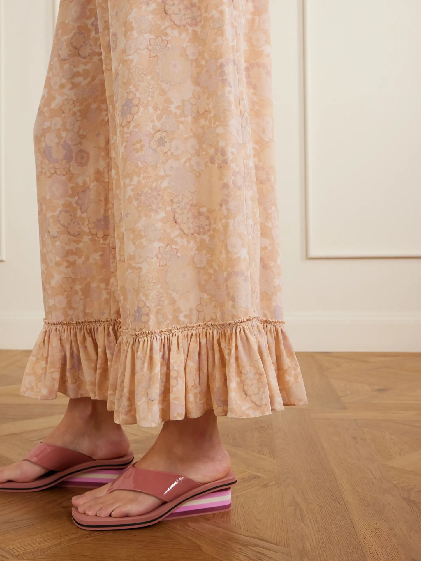 Ruffled Floral-print Silk-charmeuse Wide-leg Pants