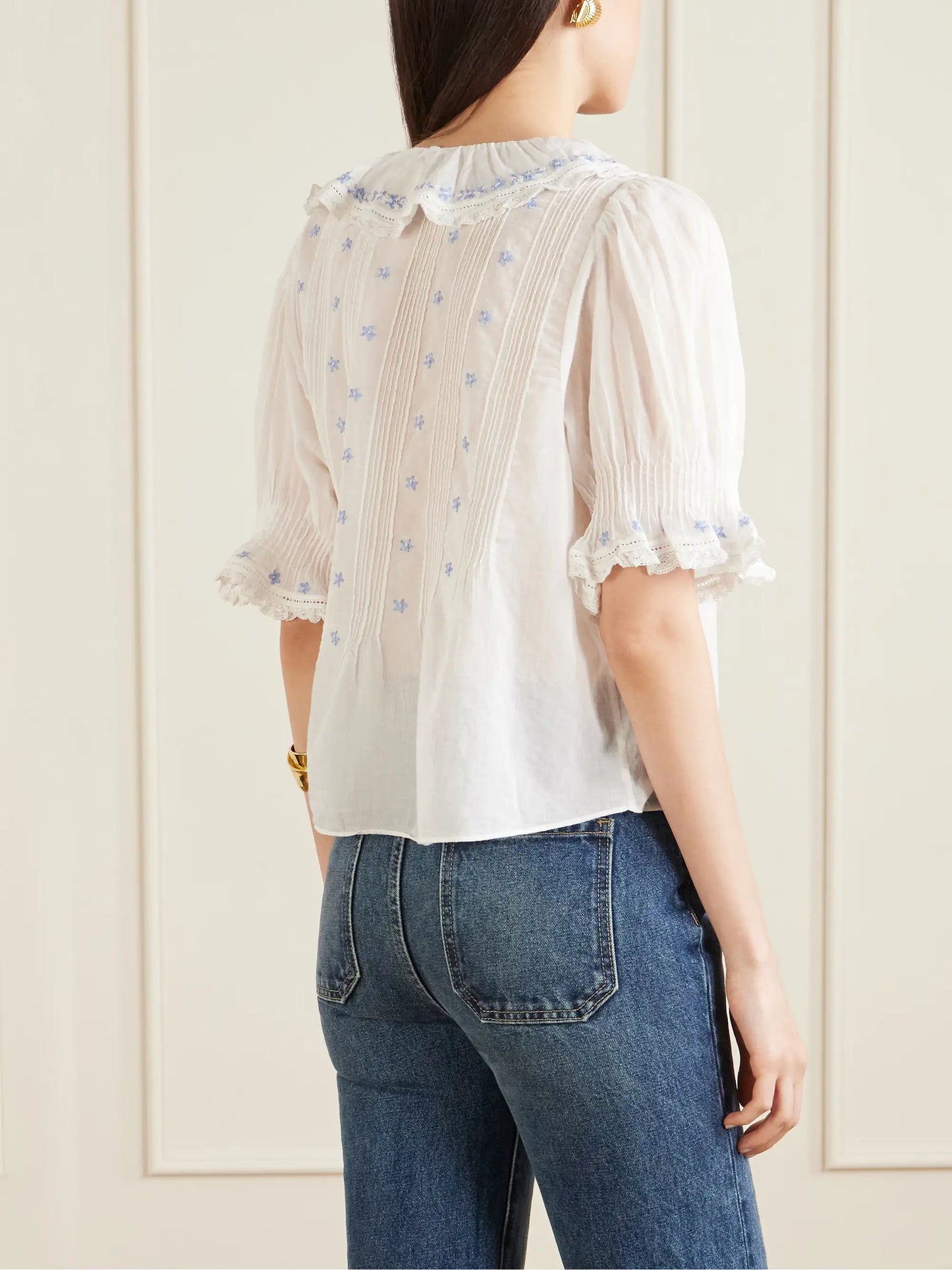 Hettie Lace-trimmed Embroidered Organic Cotton-voile Blouse