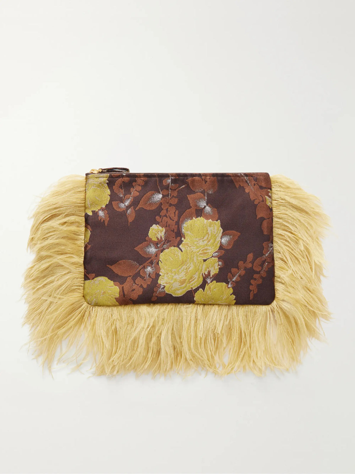 La DoubleJ Party Feather-trimmed Floral-jacquard Clutch