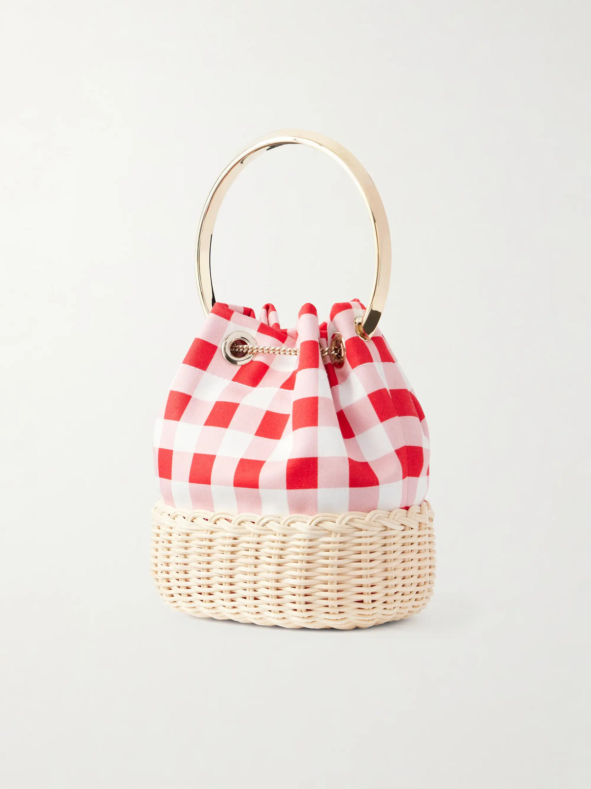 Bon Bon Embellished Woven Raffia Checked Woven Bucket Bag