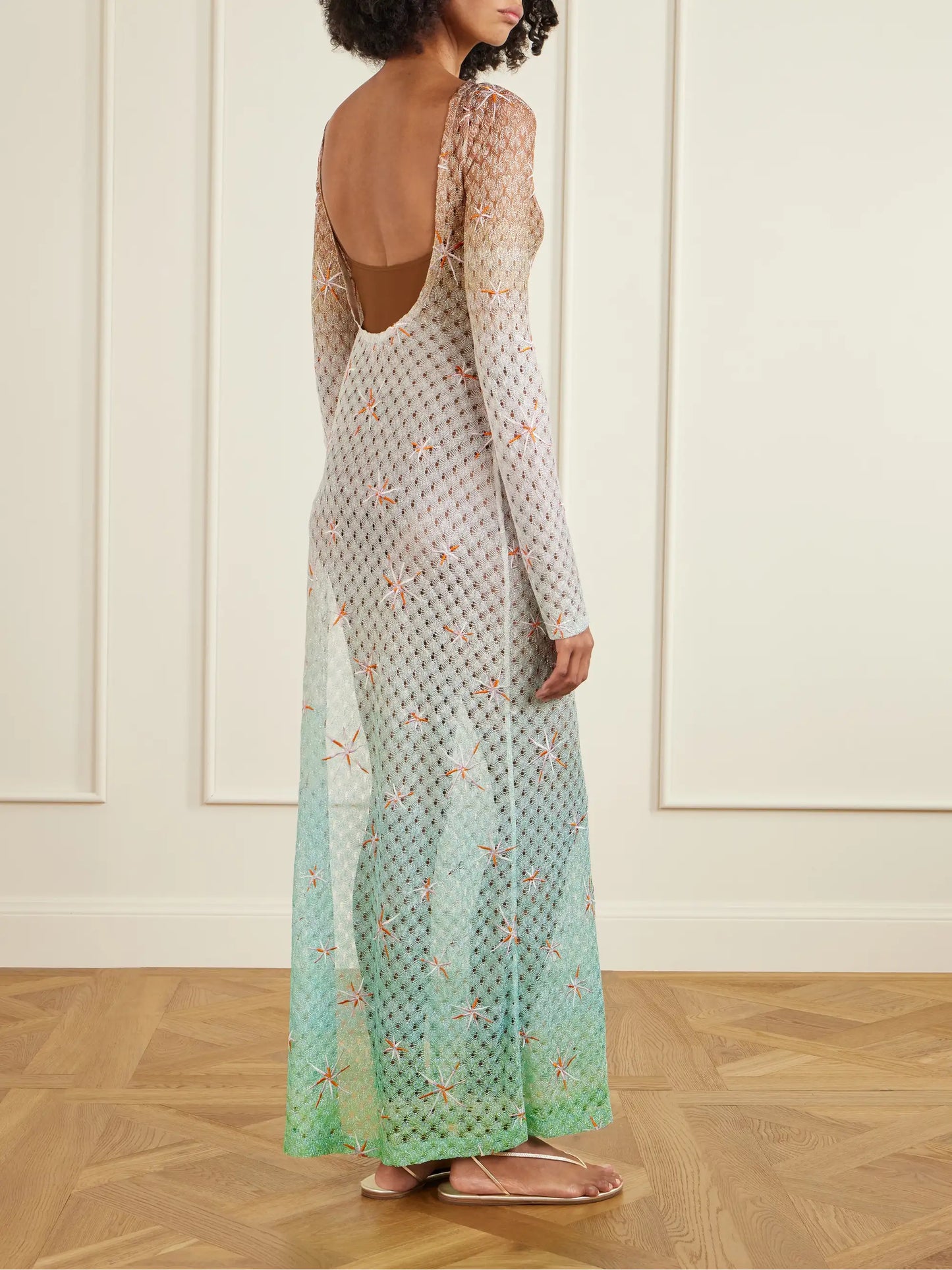 Open-back Dégradé Embroidered Metallic Crochet-knit Maxi Dress