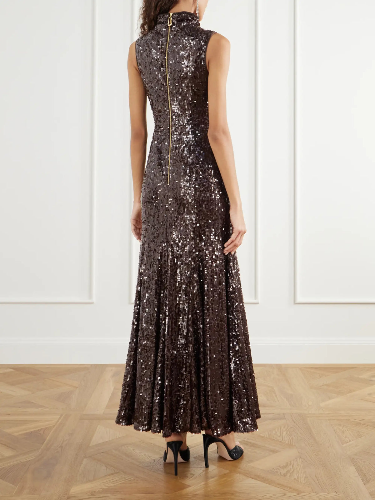 Aje Elyisian Feather-trimmed Sequined-mesh Gown